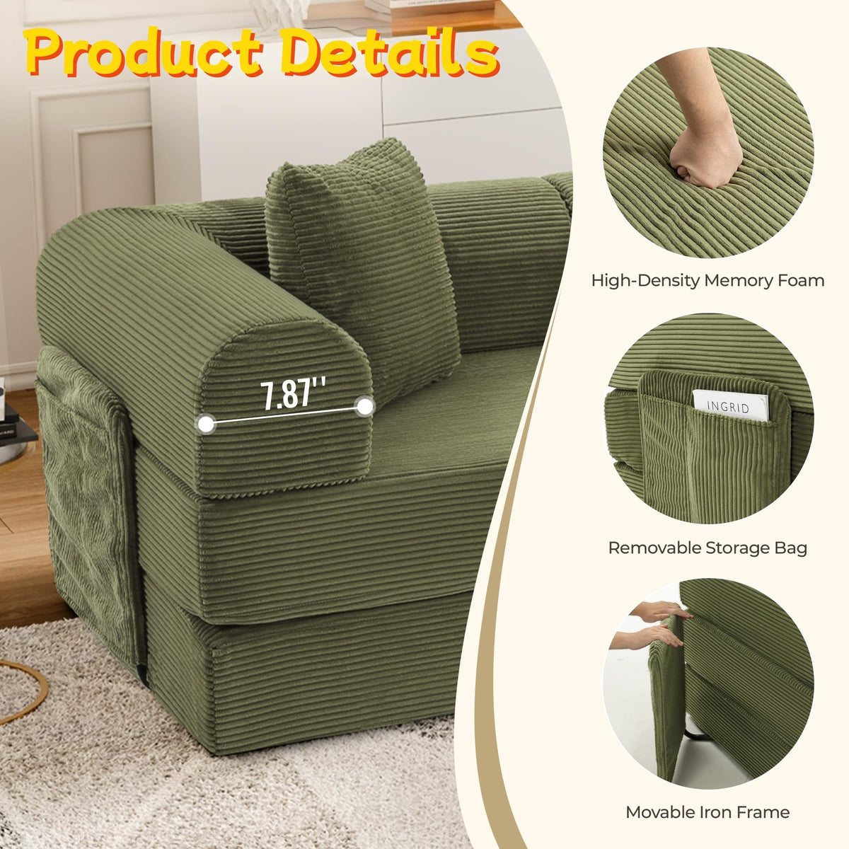 106.3" Modular Sectional Sleeper Sofa with Metal Frame, Green