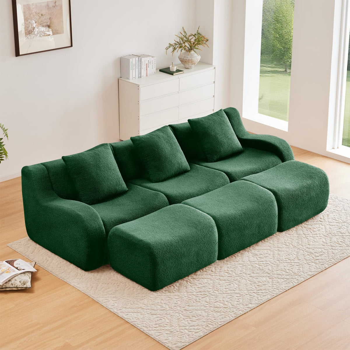 Three-Seat Boneless Sofa Teddy Fabric Green Modular Sectional Living Rooms Media Cozy