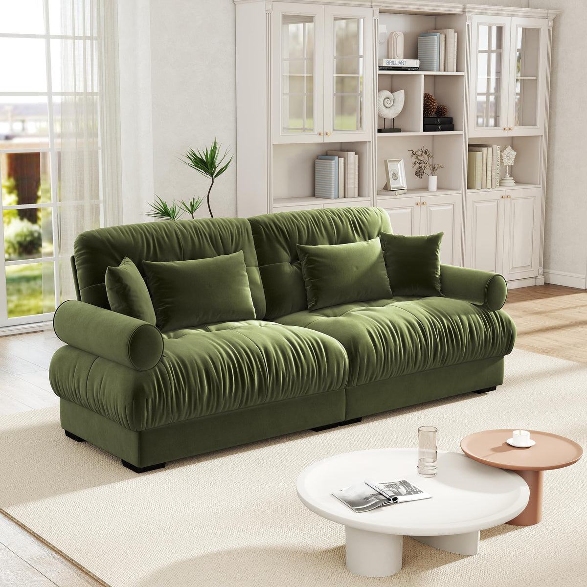 Velvet Modular Sectional Sofa,130" W Oversized U Shape Cloud Couch with 2 Ottomans,Free Combined 3 Seater Comfy Sofa with Bolster Armrest Pillows,Green for Living Room