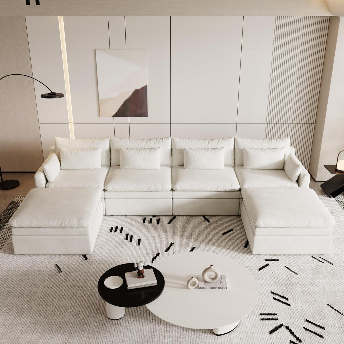 120" Cloud Couch Modular Sectional Sofa for Living Room, 3-Seater with Ottoman, Modern Sofa with Small Pillows Deep Seat L Shapedd Couch Covers Removeble Comfy Linen Khaki