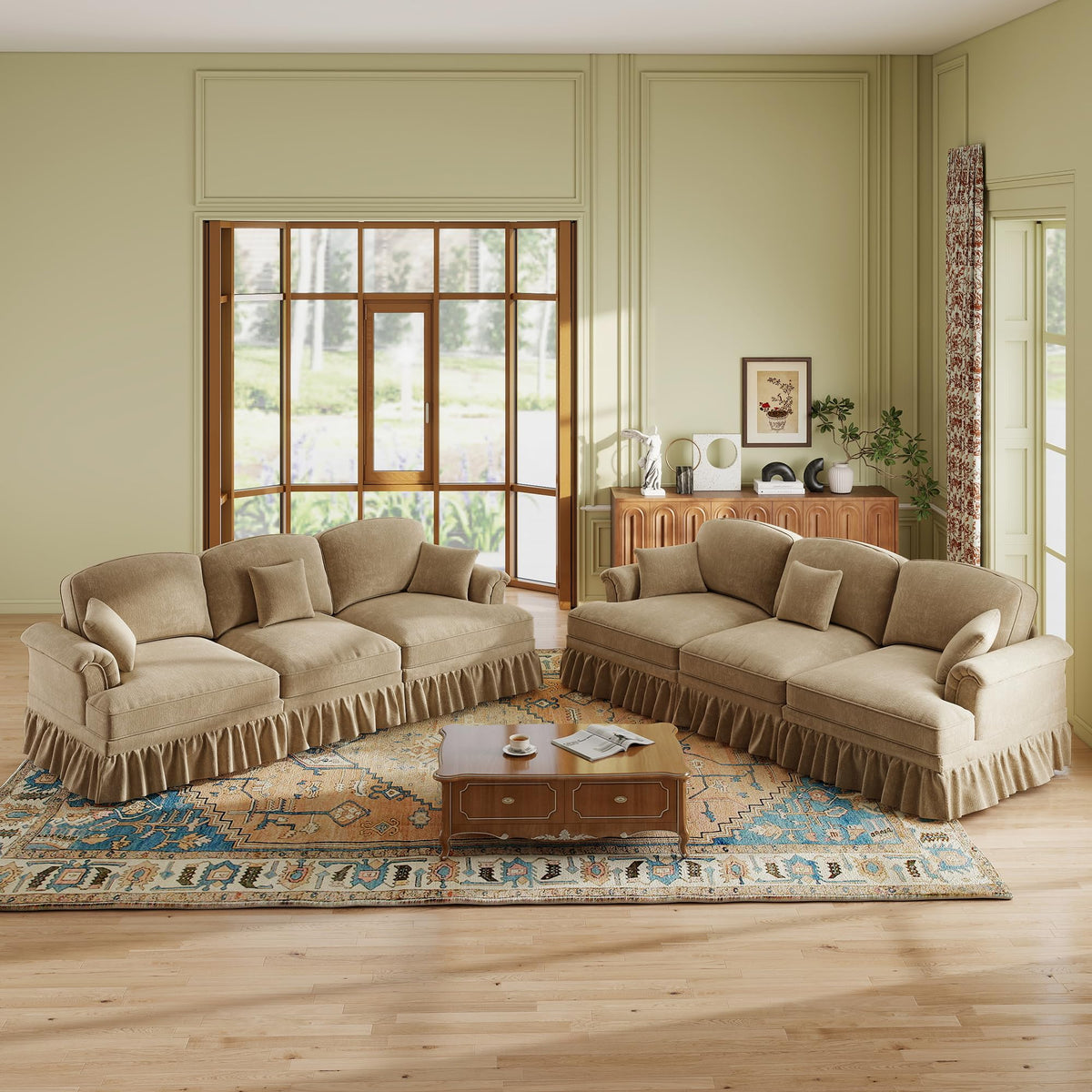 107'' Modern Sectional Sofa, Upholstered U-Shaped Couch with Removable Ruffles Pleats Skirts, Silver Chenille Cloud Couch, Ottoman, Flared Arms, 4-Seat Couches for Living Room, Bedroom, Camel