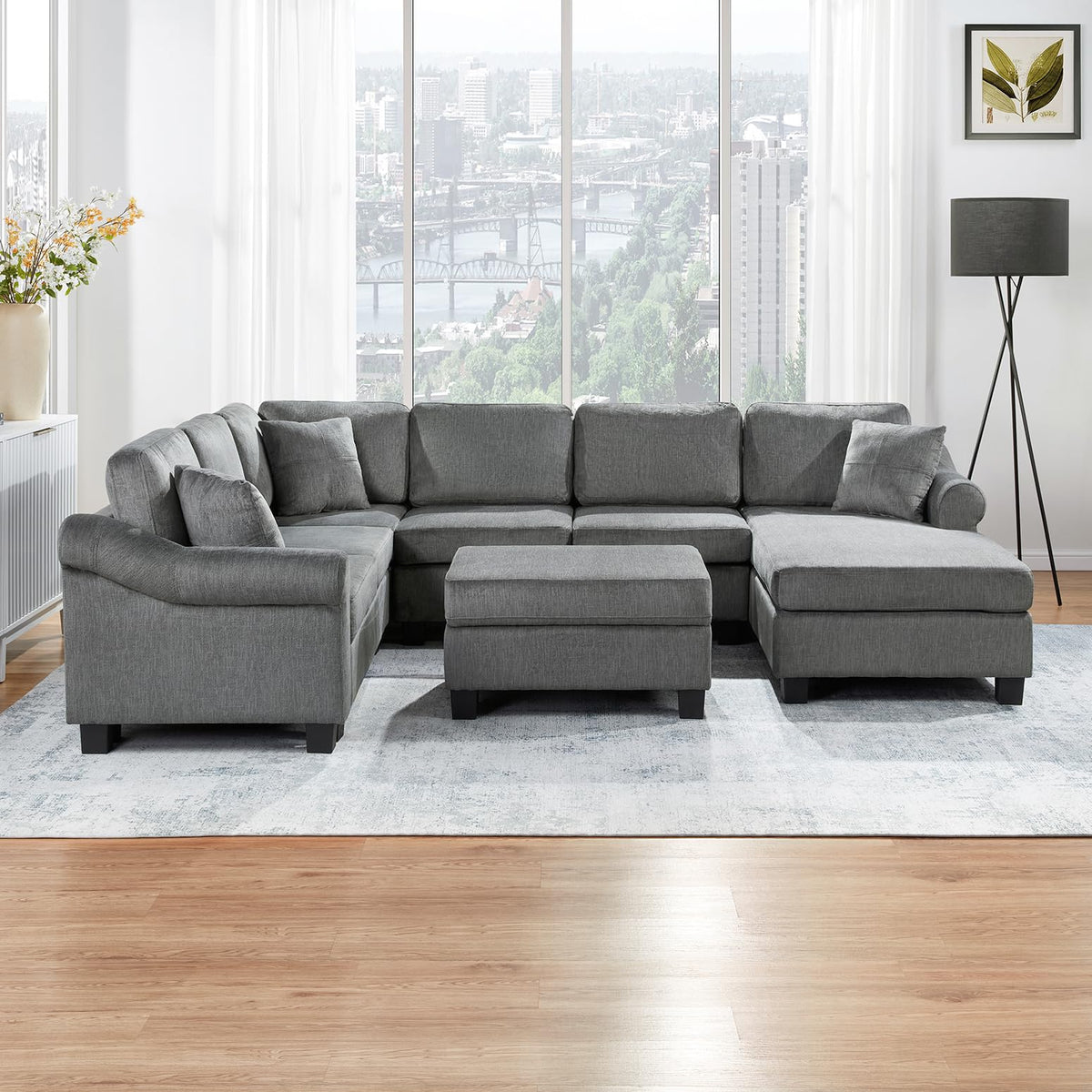 119*67" U Shaped Sectional Sofa,6 Seat Chenille Corner Couch Set with Oversized Chaise Lounge,Irregular Corner, Deep and Wide Seat Comfy Sofa with Cup Holders for Living Room,Apartment (Beige-V33)