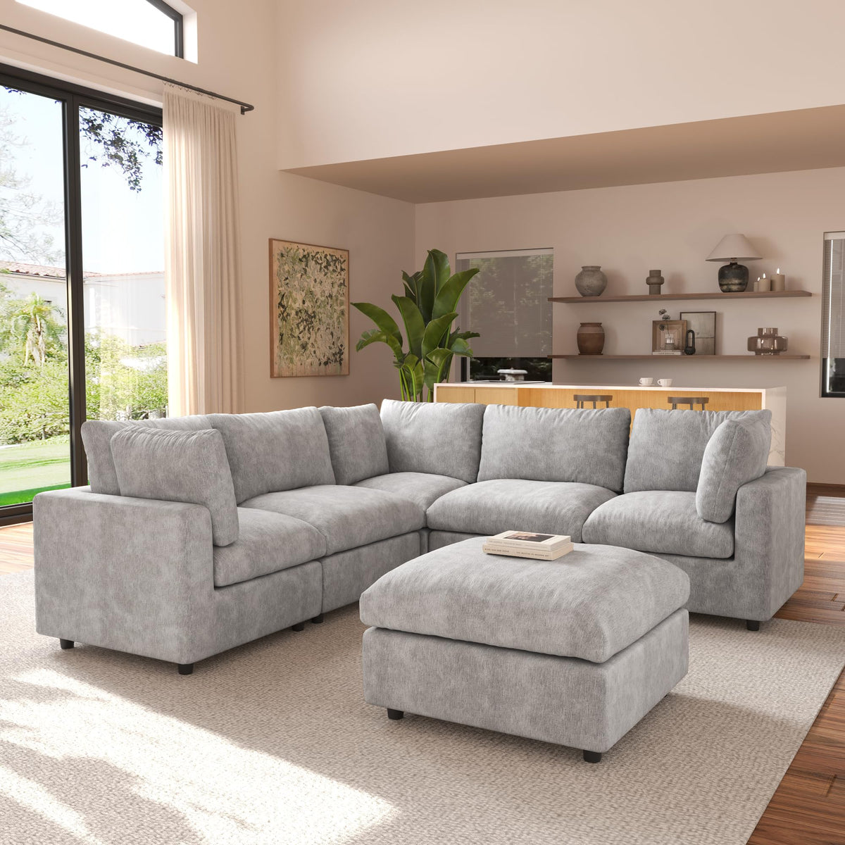 120" Cloud Couch Chenille Sectional Sofa for Livingroom Beige