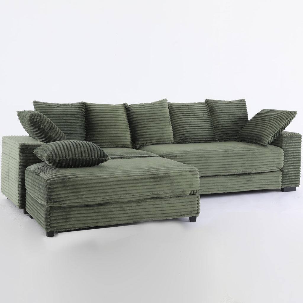 108.6" Sectional Sofa, Thickened Corduroy Sectional Couches for Living Room,Comfortable L Shaped Chaise Sectional Sofa with Storage Ottoman,Eight Throw Pillows,Green