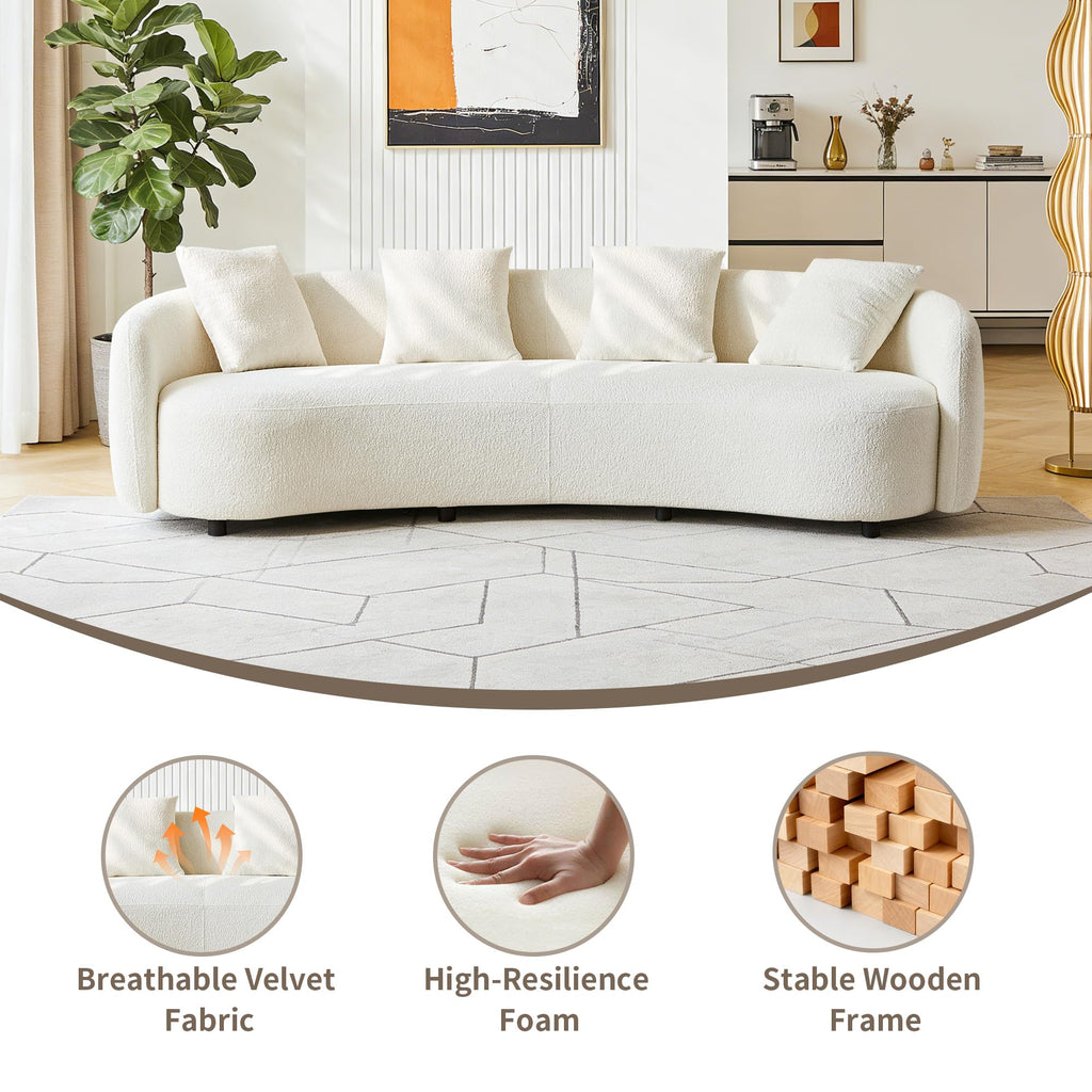 100inch Curved Sofa, 4-Seater Modern Cloud Couch with 4 Throw Pillows, Solid Wood Frame & Soft Boucle Upholstery, Sectional Sofa for Living Room,Apartment, Cream White (No Assembly Required)