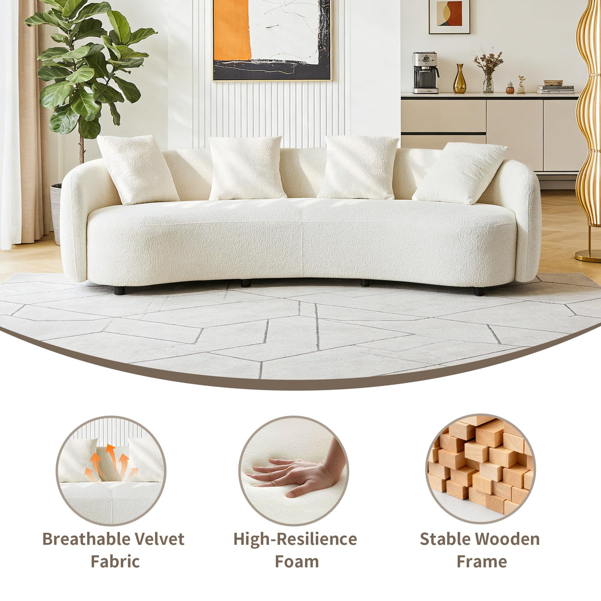 100inch Curved Sofa, 4-Seater Modern Cloud Couch with 4 Throw Pillows, Solid Wood Frame & Soft Boucle Upholstery, Sectional Sofa for Living Room,Apartment, Cream White (No Assembly Required)