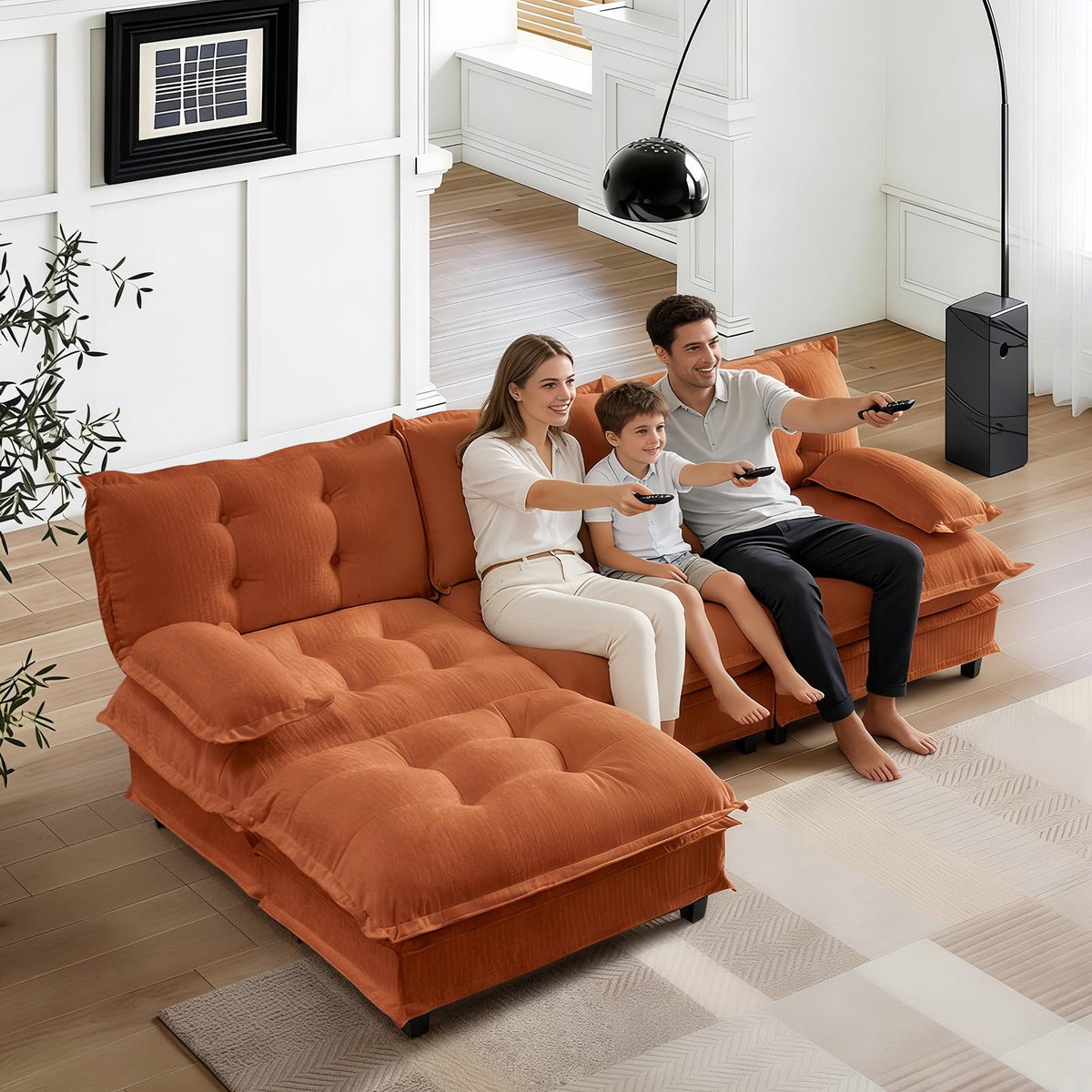 107.5" Modular Sectional Sofa-Chenille Deep 3 Seater L-Shaped Cloud Couch with Ottoman, Button Seat Cushions for Living Room & Apartment, Orange