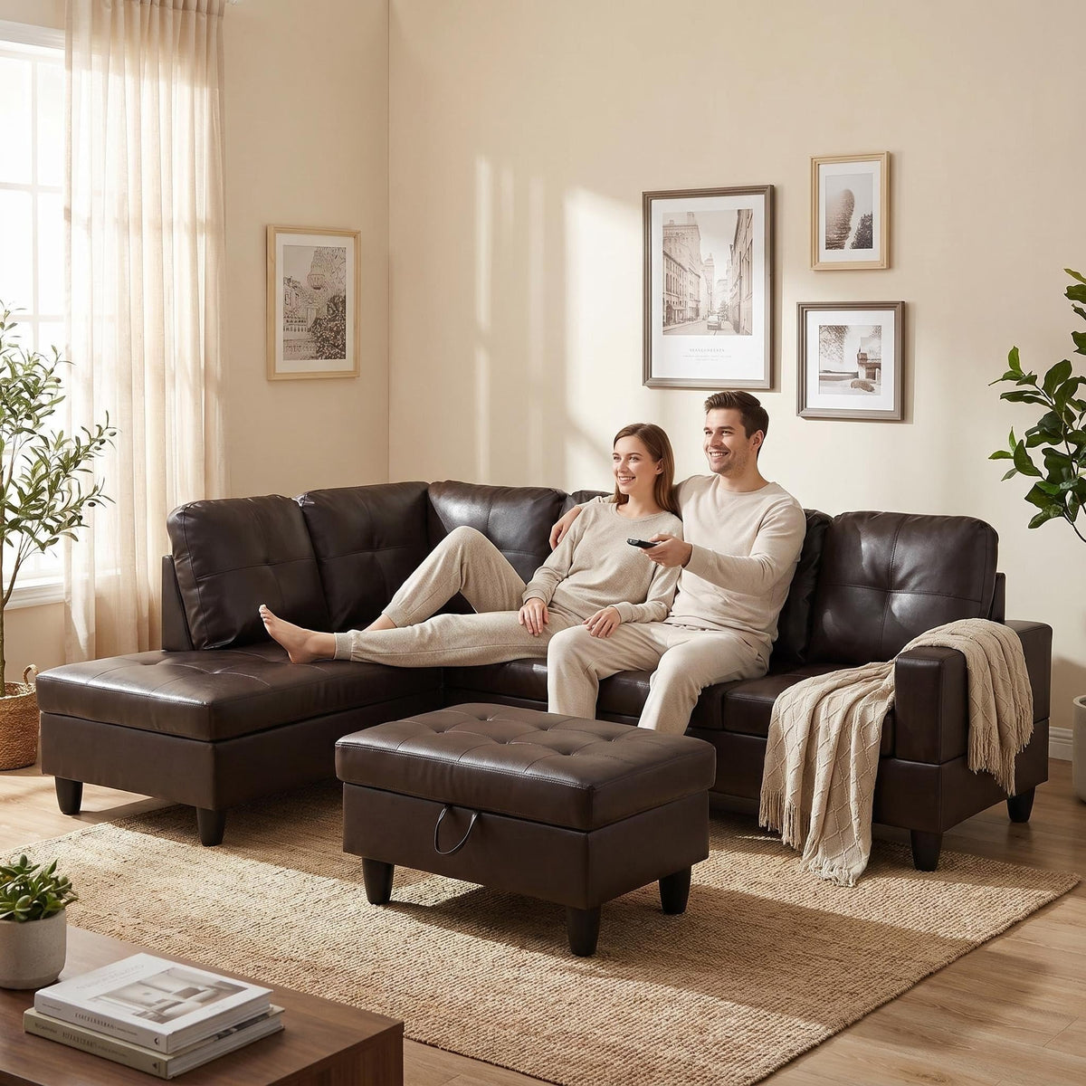 103.5" Sectional Couch with Movable Ottoman, L Shaped 4 Seater PU Faux Leather Sofa w/Chaise Lounge, Comfy Modern Modular Couch for Living Room, Apartment, White Stripes, Right, 3PCS