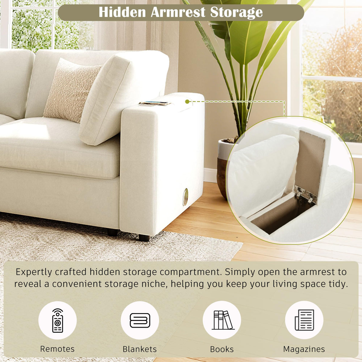 U-style 133.5" Upholstered Modular Sofa with Storage Space, USB Charge Por