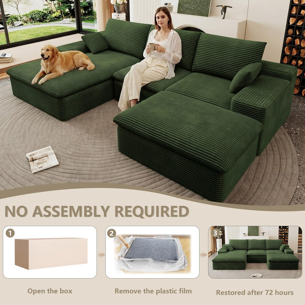 107" Cloud Couch Modular Sectional Couchs with Chaise Lounge, U-Shape Boneless Couches with Ottoman for Living Room, Corduroy Sofa with Deep Seat, No Assembly Required (Green, Left Facing Chaise)