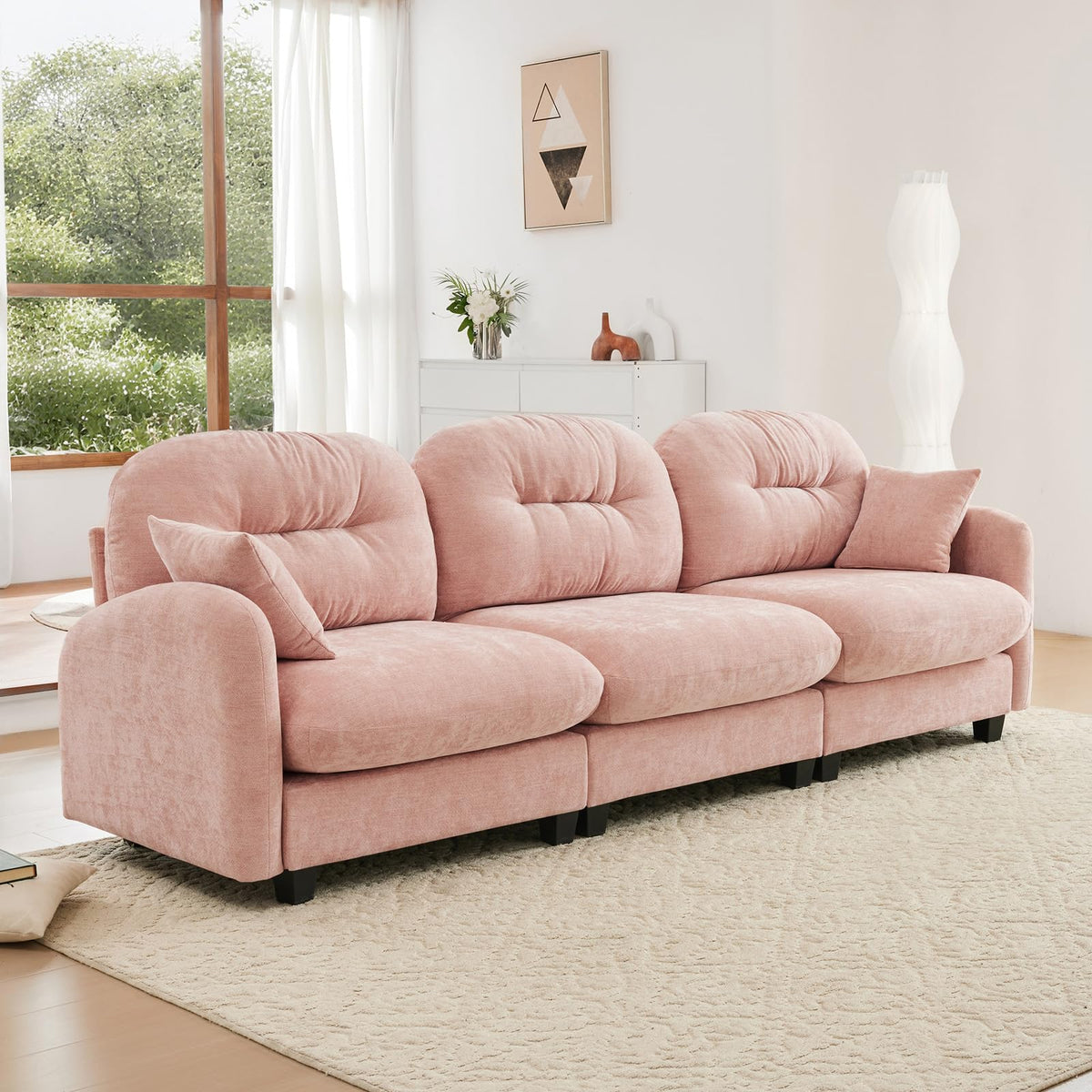107" L Shaped Couch, Chenille Upholstered Modular Sectional Sofa, 3 Seater Deep Seat Sofa with Movable Ottoman, Modern Cloud Couch with Thick Seat Cushion, Sectional Couches for Living Room, Pink