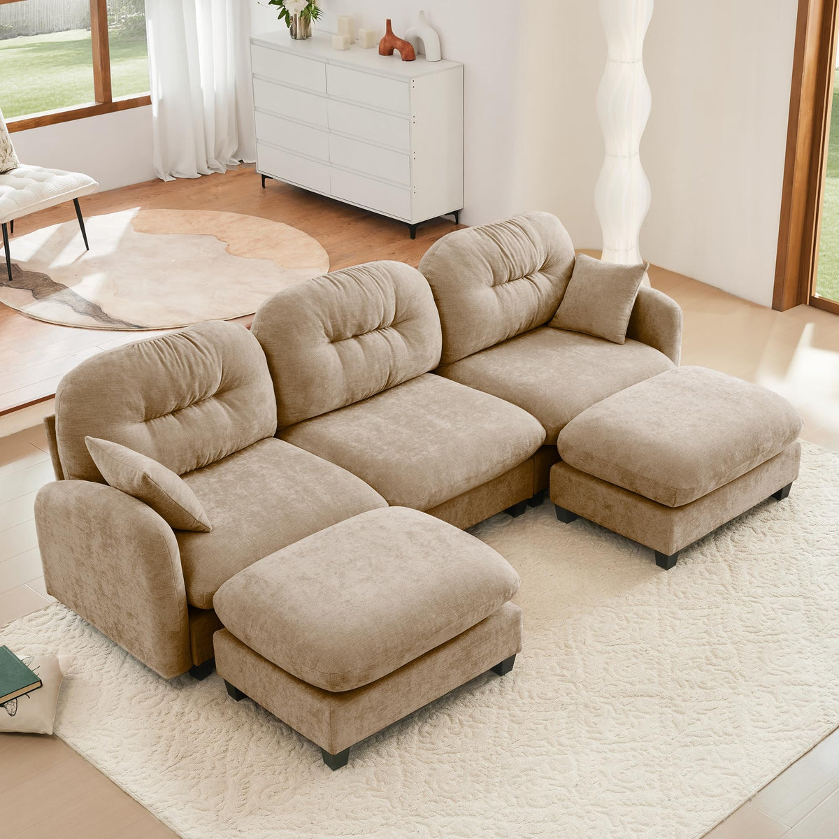 107" L Shaped Couch, Chenille Upholstered Modular Sectional Sofa, 3 Seater Deep Seat Sofa with Movable Ottoman, Modern Cloud Couch with Thick Seat Cushion, Sectional Couches for Living Room, Pink