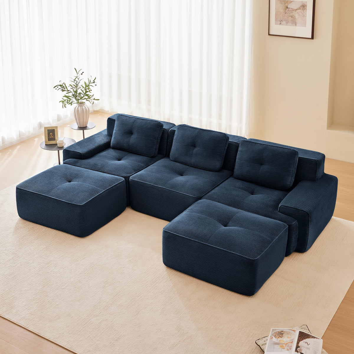 Tidyard 11? U-Shaped Modular Sectional Sofa for Living Room, Corduroy Fabric 3-Seater with Movable Ottoman, Deep Seat, Tufted Design, No Assembly Needed, Anti-Slip Base, Blue