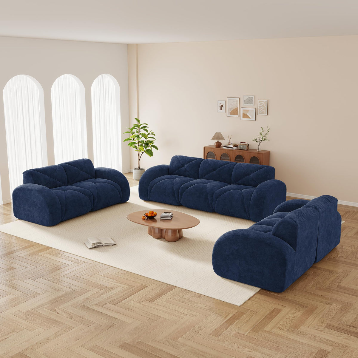 U-Shaped Boneless Sofa, Tufted 32d High Density Sponge Bottom, Anti-Slip Design, No Assembly Required, Free Combination, Movable Ottomans for Living Rooms, Home Theater, Blue