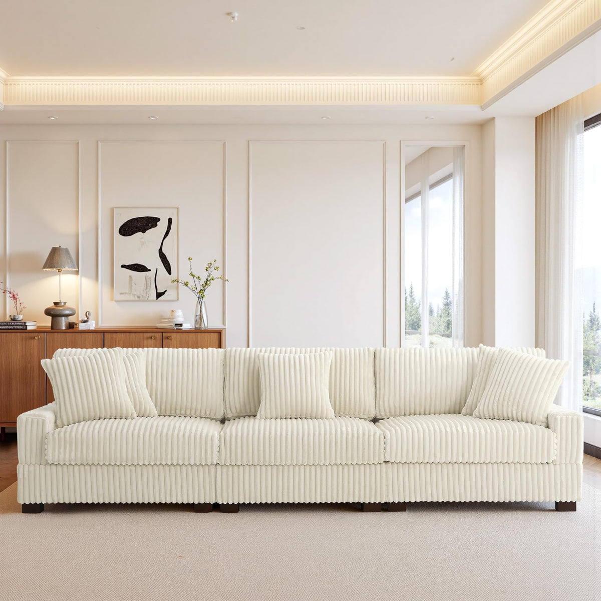 118.3" L-Shaped Modular Sectional Sofa with Chaise, Comfy Corduroy Fluffy Couch with Deep Seat, Flexible Module Combination for Living Room, Cotton Flannel Light Brown