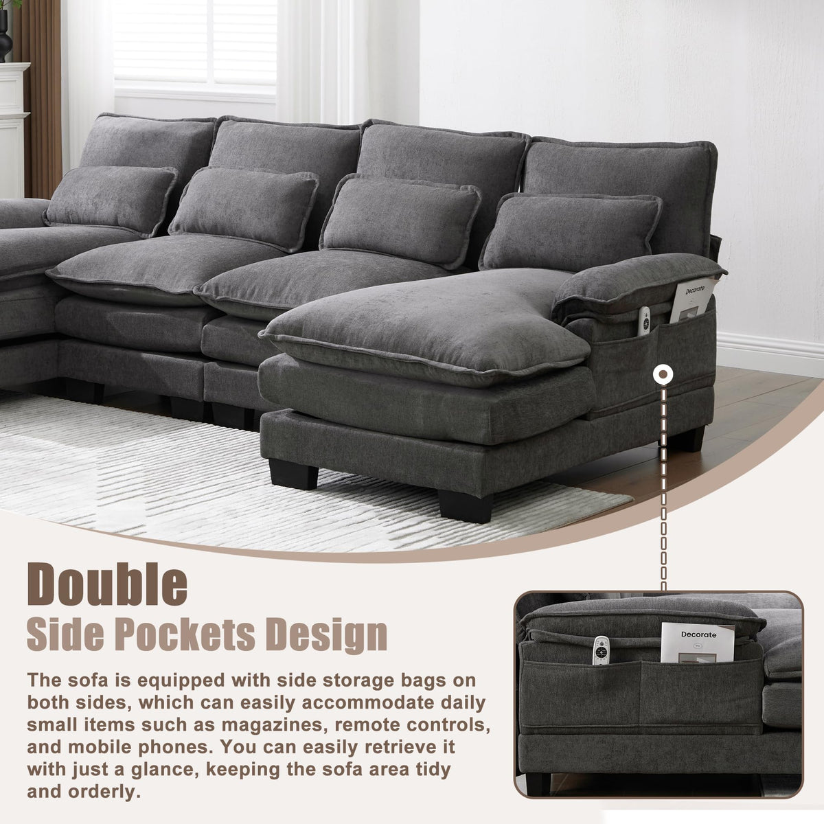 U Shaped Cloud Couch, 110" Chenille Comfy 4 Seat Sectional Couches for Living Room, Modular Sofa Sleeper with Double Chaise Foam for Apartment