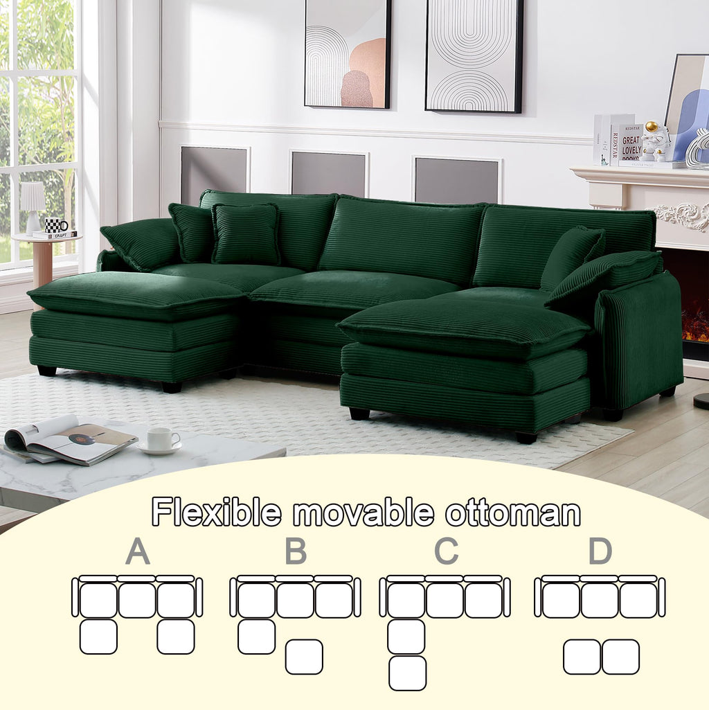 115" Oversize Modular Cloud Couch Sectional - Deep Seat U-Shaped Sofa, 3 Seats with 2 Ottomans,Pet-Friendly Fabric,Green Corduroy