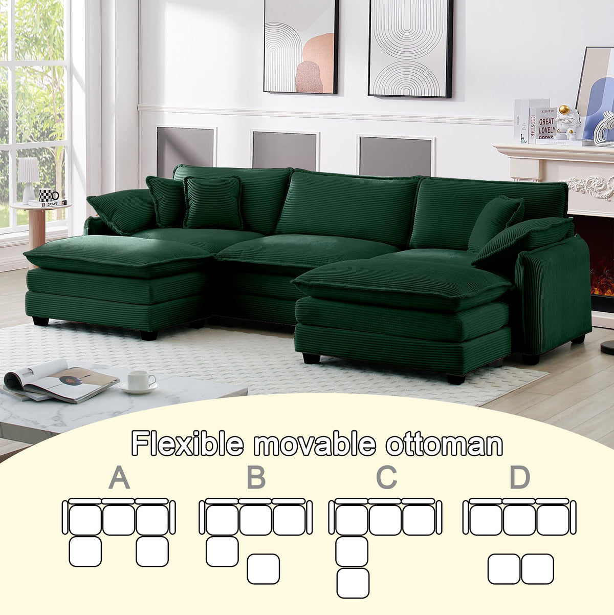 115" Oversize Modular Cloud Couch Sectional - Deep Seat U-Shaped Sofa, 3 Seats with 2 Ottomans,Pet-Friendly Fabric,Green Corduroy