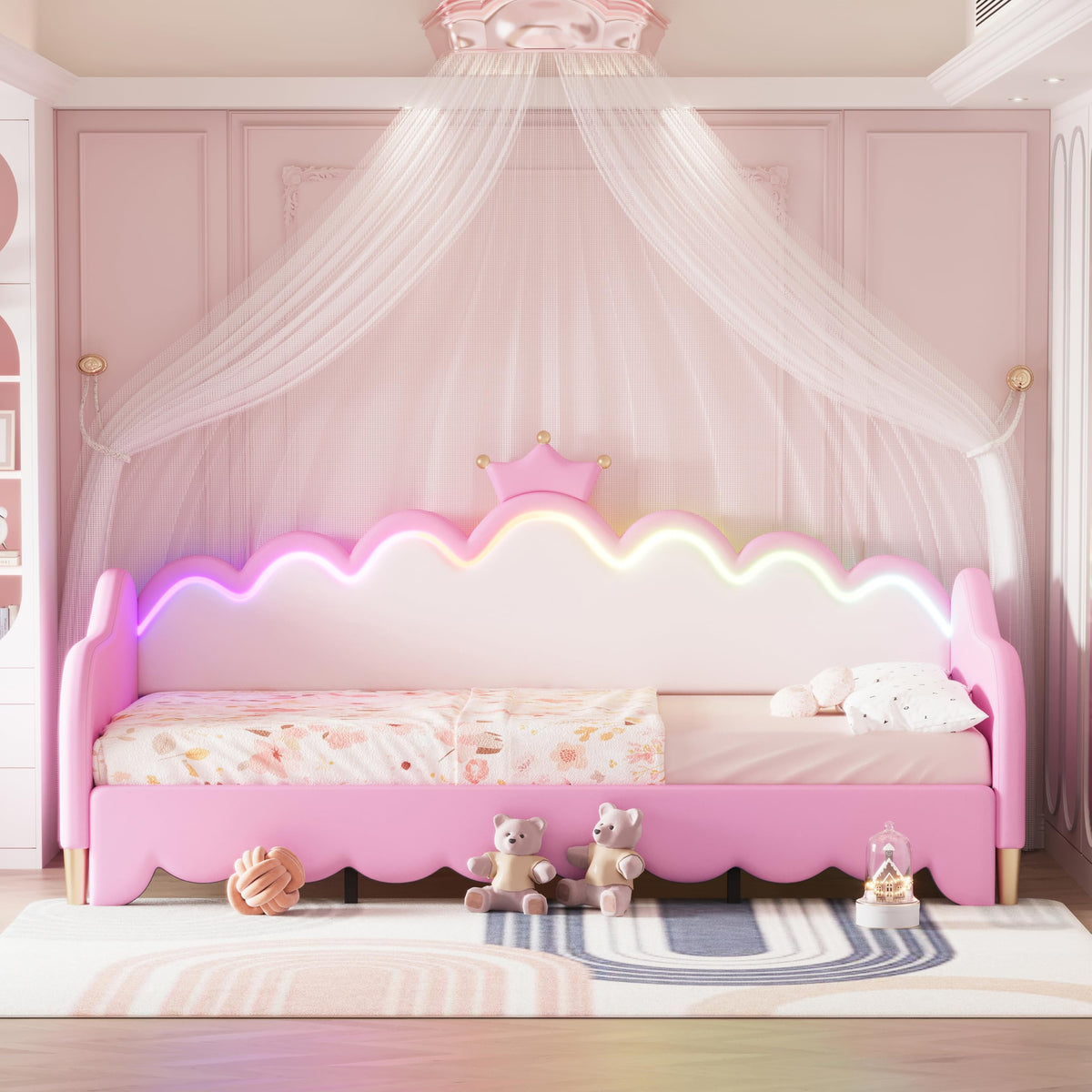 Twin Extending Daybed with LED Lights, Upholstered Princess Daybed with Crown Headboard,Pink