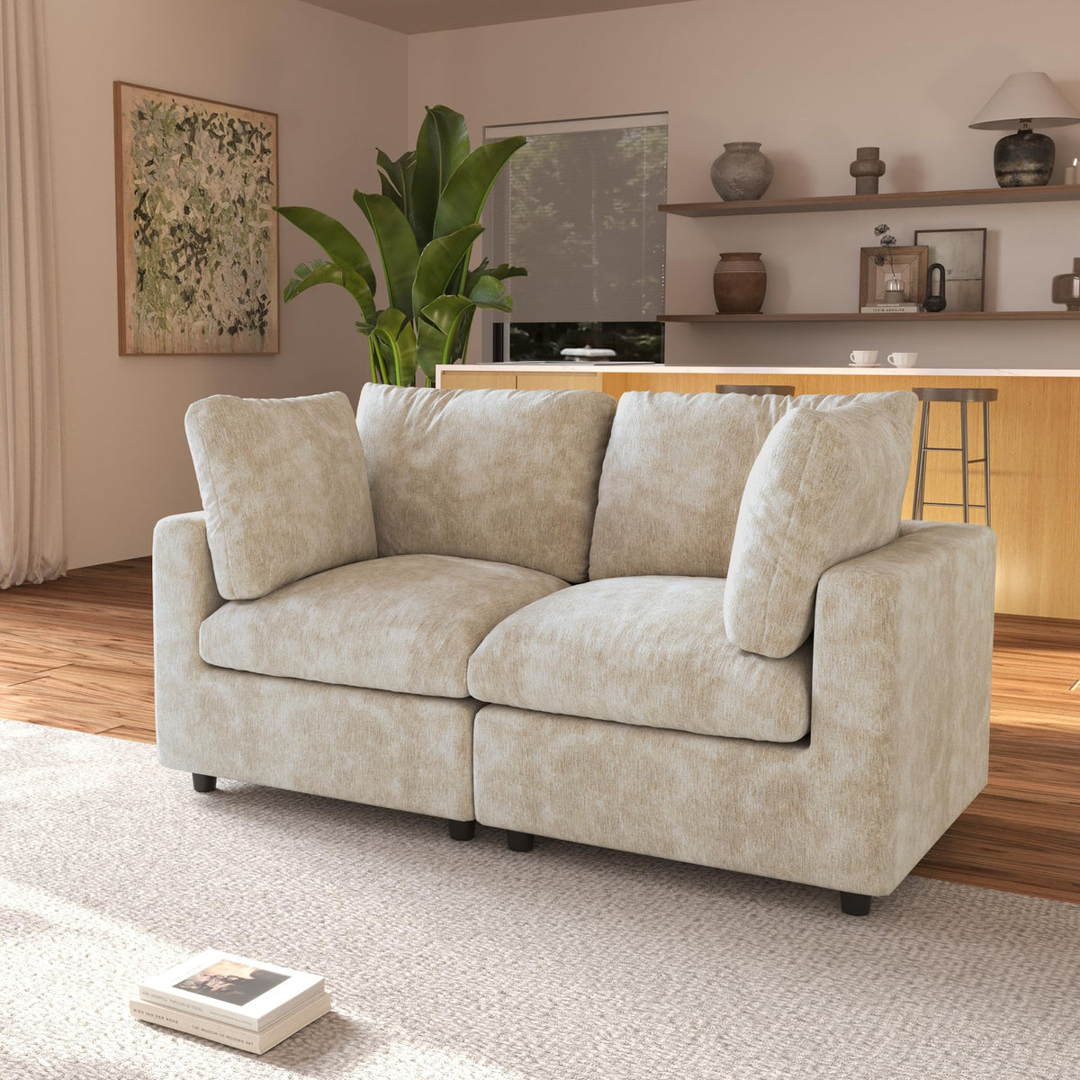 120" Cloud Couch Chenille Sectional Sofa for Livingroom Beige