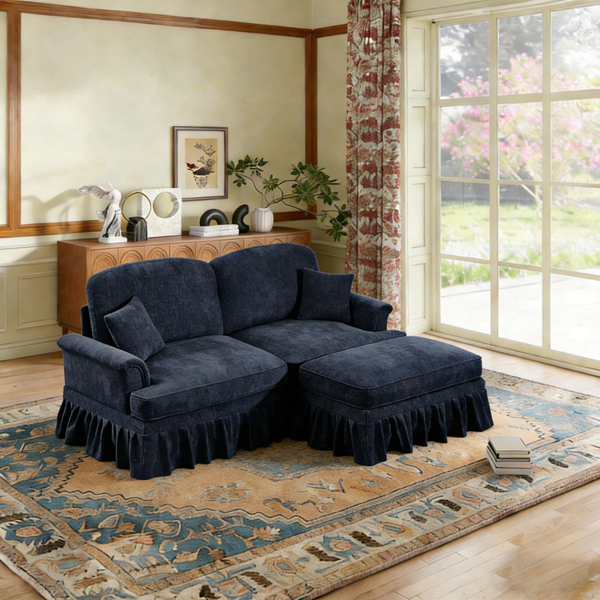 107'' Modern Sectional Sofa, Upholstered U-Shaped Couch with Removable Ruffles Pleats Skirts, Silver Chenille Cloud Couch, Ottoman, Flared Arms, 4-Seat Couches for Living Room, Bedroom, Camel