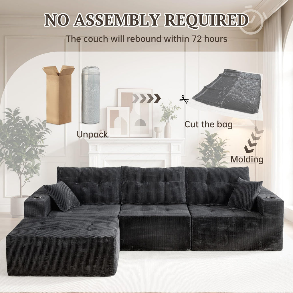 113" Boneless Modular Sectional Sofa, L-Shape Couch, 4-Seat Gray Corduroy
