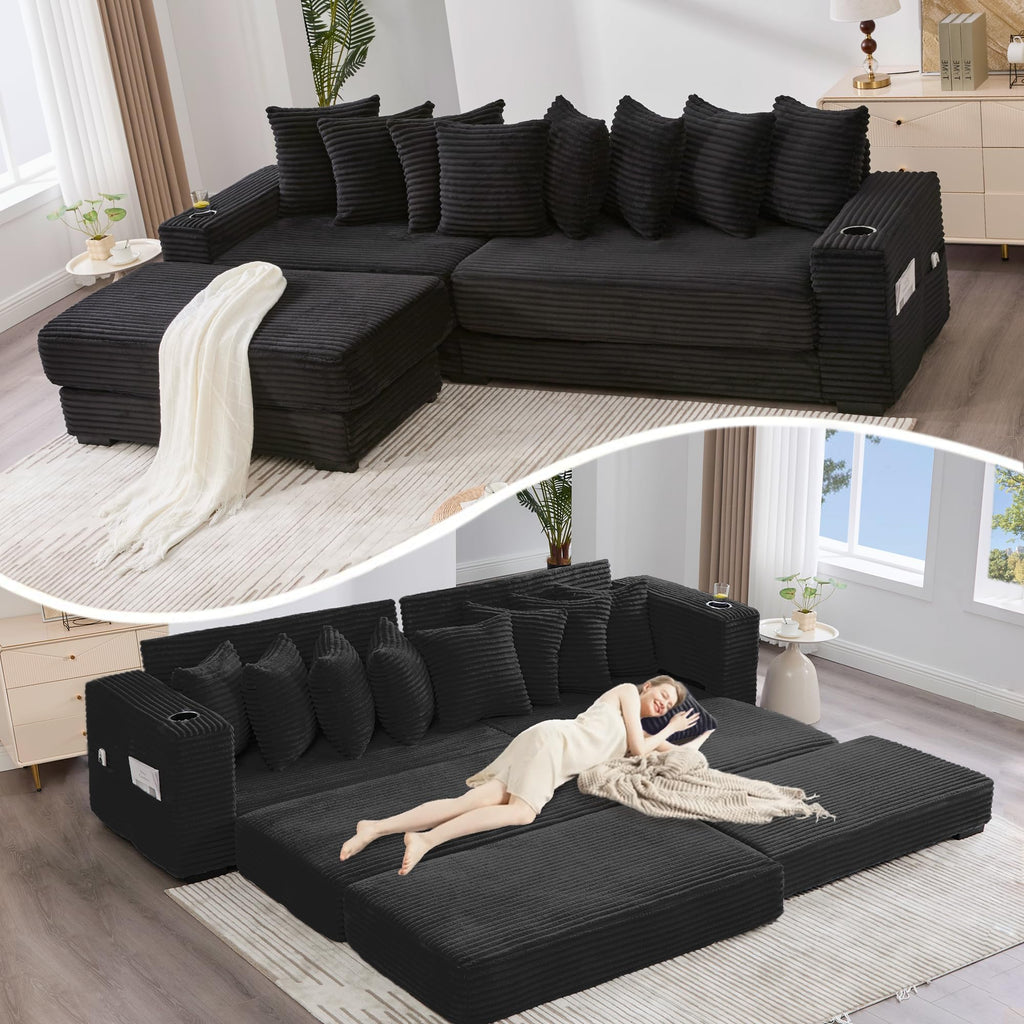 110.75'' Sleeper Sofa Bed King, Corduroy Modular Sectional Sofa, Black