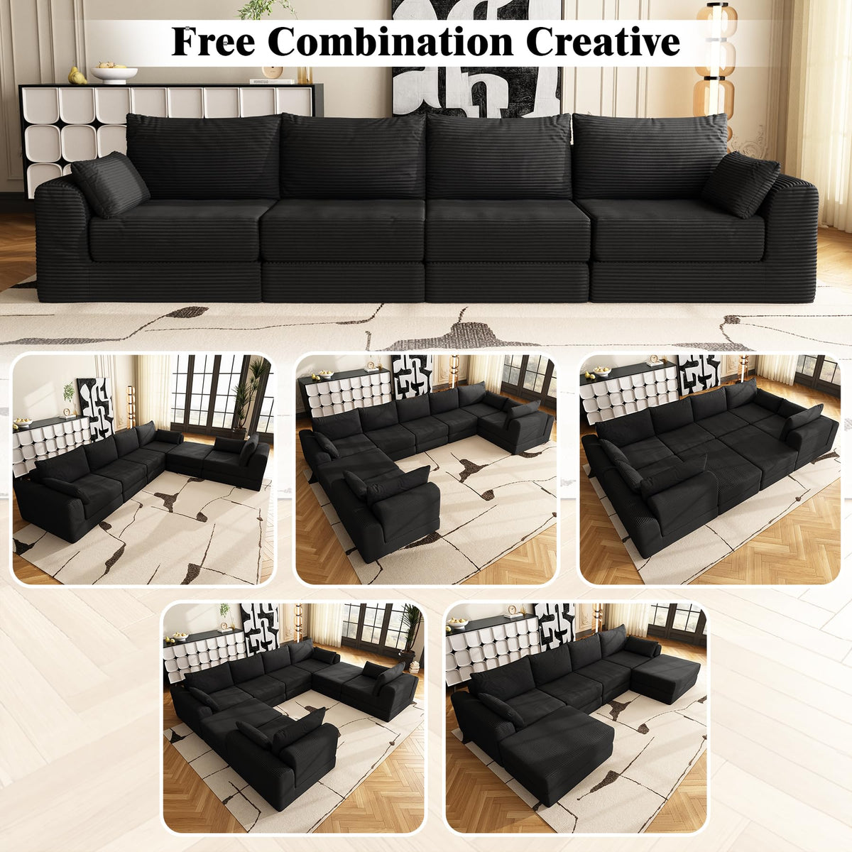 130 Inch Modular Cloud Sectional Sofa, 6 Seater Freely Combined Convertible Sofa with Ottoman, No Installation Compressed Floor Sofa, Soft Memory Foam Cushion for Living Room Apartment, Black