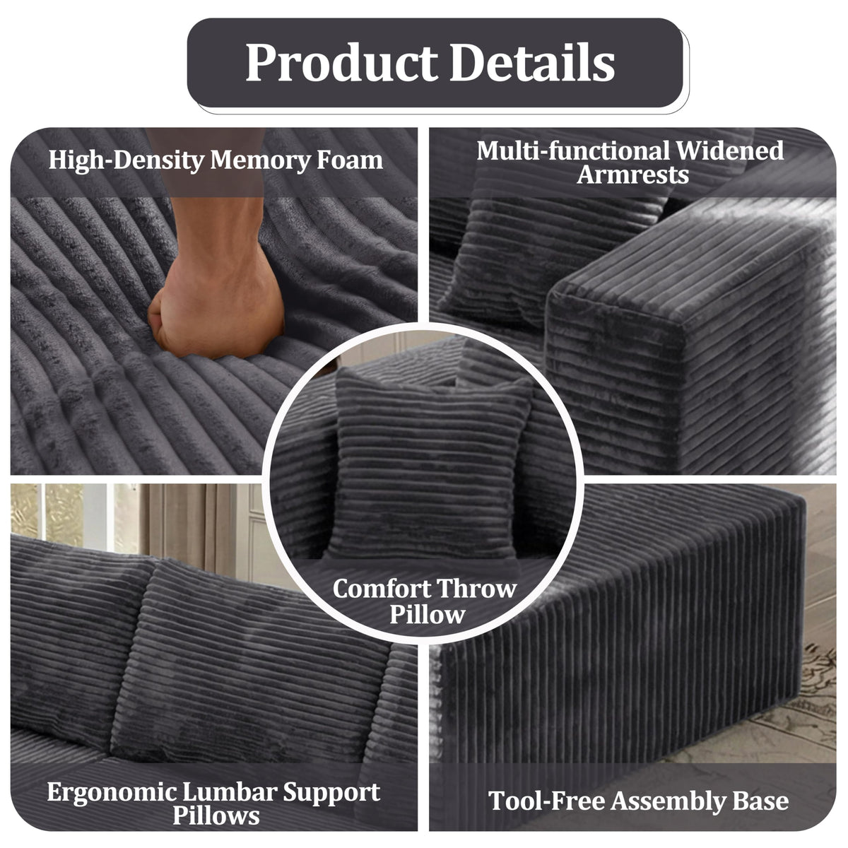118'' U-Shaped Cloud Modular Sectional Sofa, Modern Corduroy Comfy 4-Seater Couch with 2 Ottomans, Upholstered Boneless Deep Seat Plush Sofa, No Assembly Needed, for Large Living Room, Grey