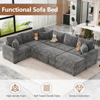 112.2" Sectional Sofa Pull-Out Bed Sleeper with Storage Ottoman Grey Chenille Living Room Cozy