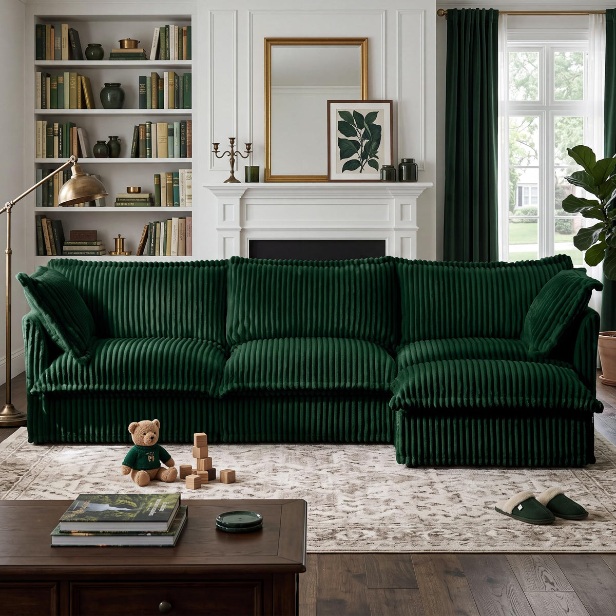 120" Corduroy Sectional Sofa with Ottoman, 3-Seater, Green