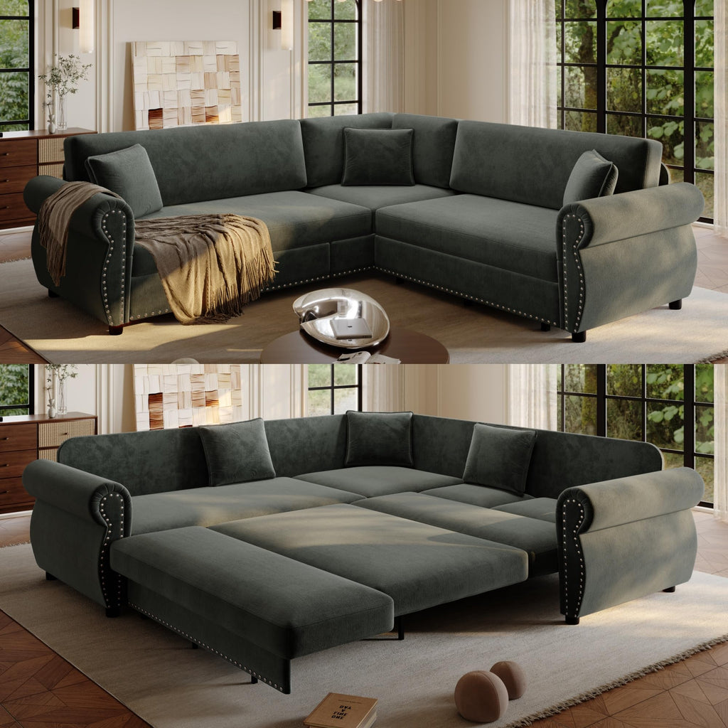 118" Sleeper Sofa Bed, Sectional Couches for Living Room/Apartment, Chenille L Shaped Couch with Pull Out Couch Bed, Convertible Sectional Sofa with Rolled Arm & Nailhead Trim, Green