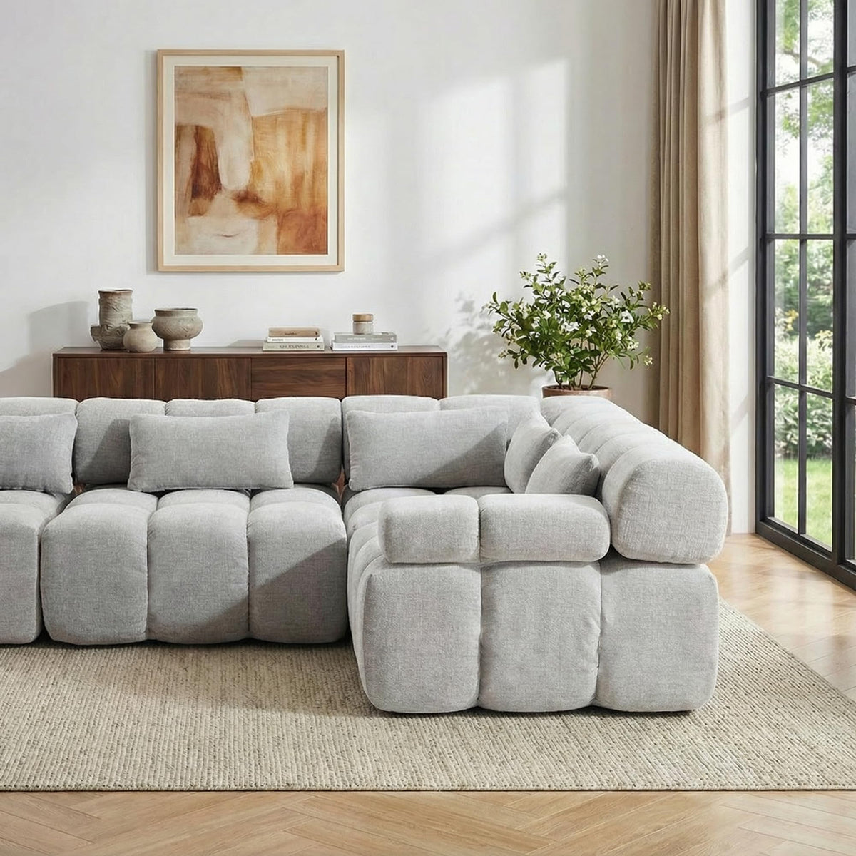 WELAX 114" Boneless Cloud Sectional Couches, Modular Couch L-Shape with Ottoman & Pillows, Luxury Design Chenille Sofa, 4 Seater Home Comfy Sofas for Livingroom, Bedroom, Grey