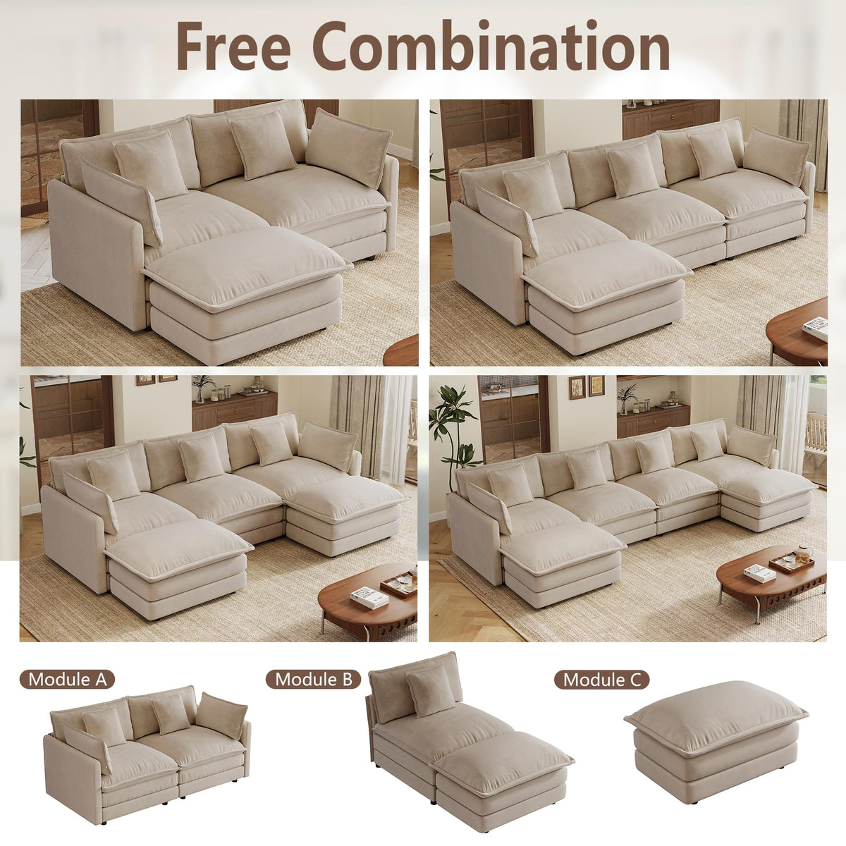 103.8" Modular Cloud Couch Chenille Sectional Sofa L Shaped Couch