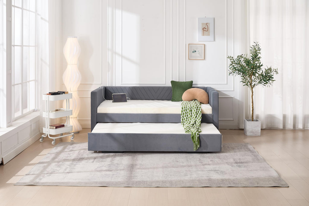 Twin Size Upholstered Daybed with Trundle,USB Port,Side Pockets, V Grained backrest Design,No Box Spring Needed, for Bedroom, Guest Room (Grey, Twin)