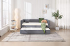 Twin Size Upholstered Daybed with Trundle,USB Port,Side Pockets, V Grained backrest Design,No Box Spring Needed, for Bedroom, Guest Room (Grey, Twin)