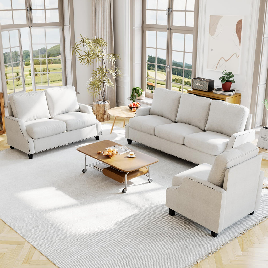Tidyard Living Room Sofa Set, Sectional Couch with Loveseat&Armchair, Modern 3-Seater+2-Seater+Accent Chair Furniture for Apartment, Fabric Upholstery, Wooden Frame, Pocket Springs, Removable Covers