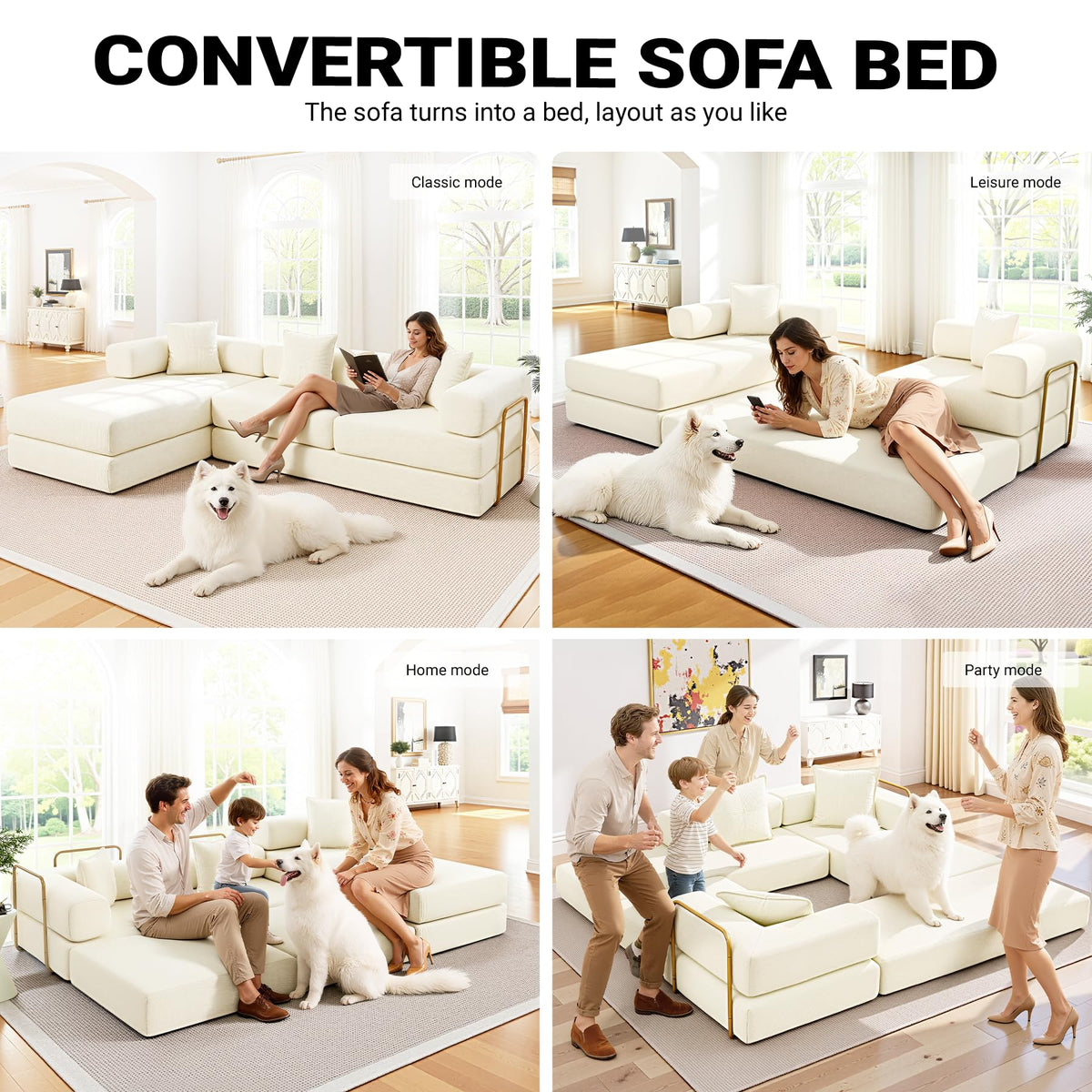 108" Convertible Folding Sofa Bed, L Shaped Modular Sectional Couchs with Fixed-Shape Frame, Corduroy Boneless Couch Bed, Cloud Mattress Sofa Sleeper Couch for Living Room (Beige, 108" W)