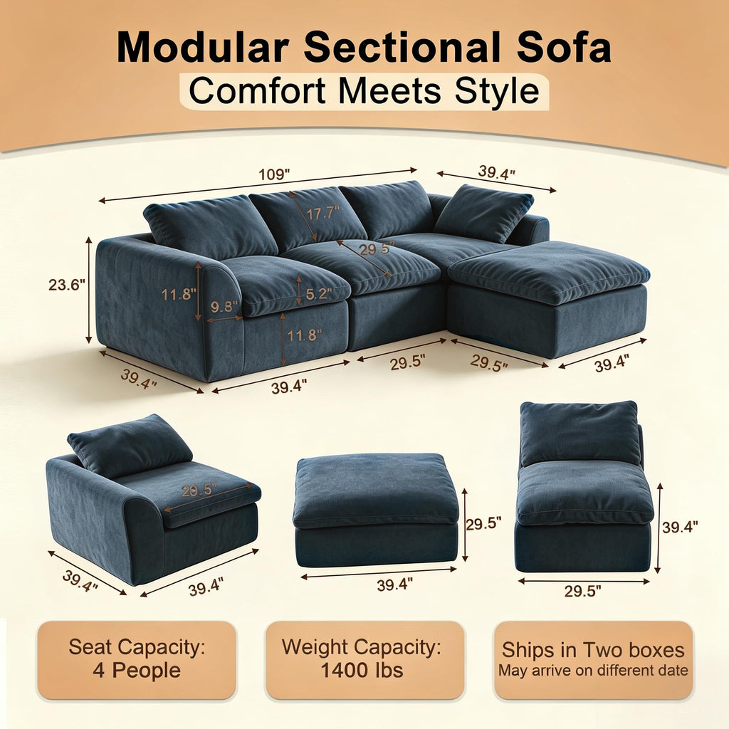 109" Modular Boneless Cloud Couch for Living Room, No Assembly Needed