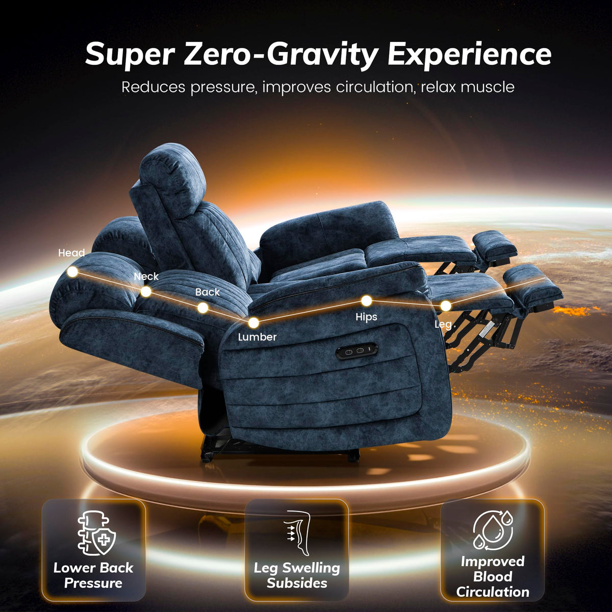 Zero Gravity Reclining Sofa w/ Drop-Down Backrest for Living Room, Blue