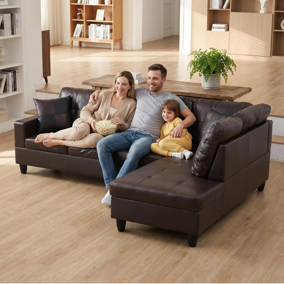 103.5" Sectional Couch with Movable Ottoman, L Shaped 4 Seater PU Faux Leather Sofa w/Chaise Lounge, Comfy Modern Modular Couch for Living Room, Apartment, White Stripes, Right, 3PCS