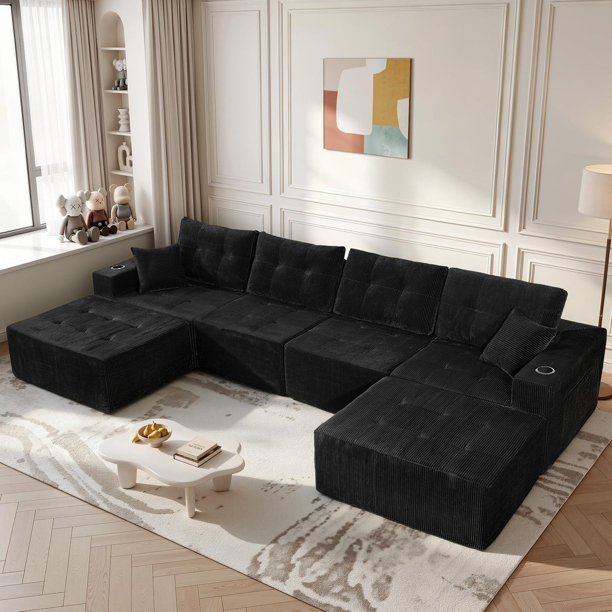 113" Boneless Modular Sectional Sofa, L-Shape Couch, 4-Seat Gray Corduroy