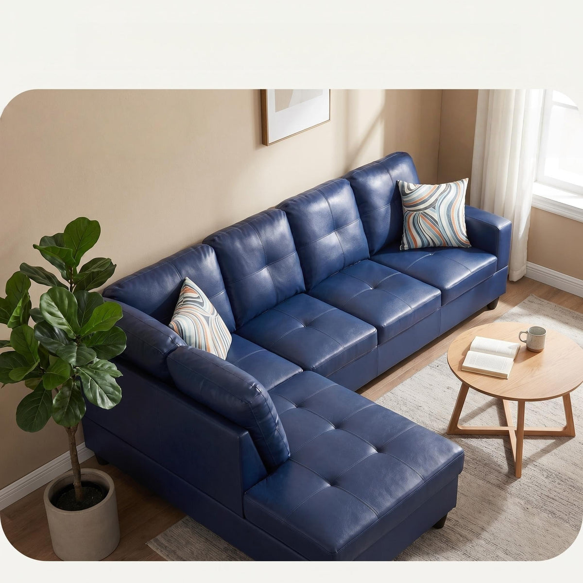 103.5" Sectional Couch with Movable Ottoman, L Shaped 4 Seater PU Faux Leather Sofa w/Chaise Lounge, Comfy Modern Modular Couch for Living Room, Apartment, White Stripes, Right, 3PCS