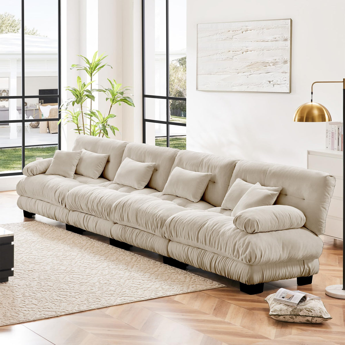 134" Oversized 3 Seater L Shaped Modular Sectional Sofa, Large Sectional Couches for Living Room, Chenille Cloud Couch with Pillows, Living Room Deep Seat Sofas with 3 Seats & 1 Ottoman, Pink