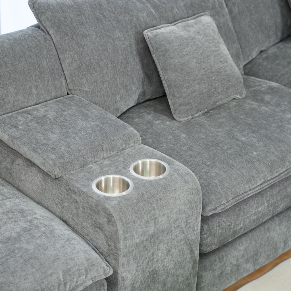 U Shaped Sectional Cloud Couch for Living Room,144" Comfy Fluffy Modular Sofa with Movable Ottoman Chenille 6 Seat Sectional Sofa Set with Storage Box, Cup Holders, Grey YP434