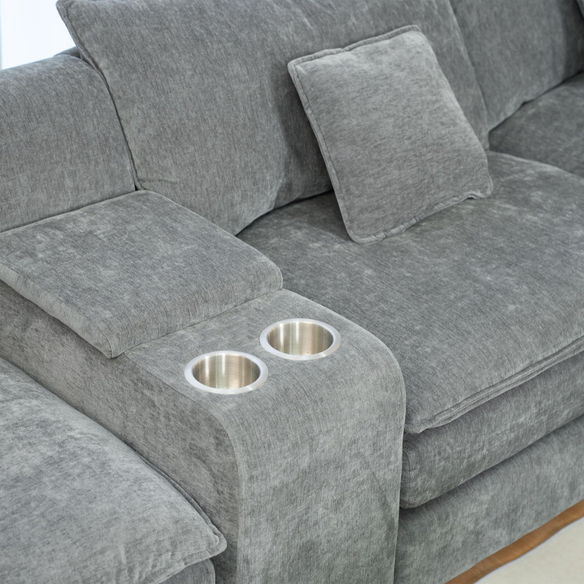 U Shaped Sectional Cloud Couch for Living Room,144" Comfy Fluffy Modular Sofa with Movable Ottoman Chenille 6 Seat Sectional Sofa Set with Storage Box, Cup Holders, Grey YP434