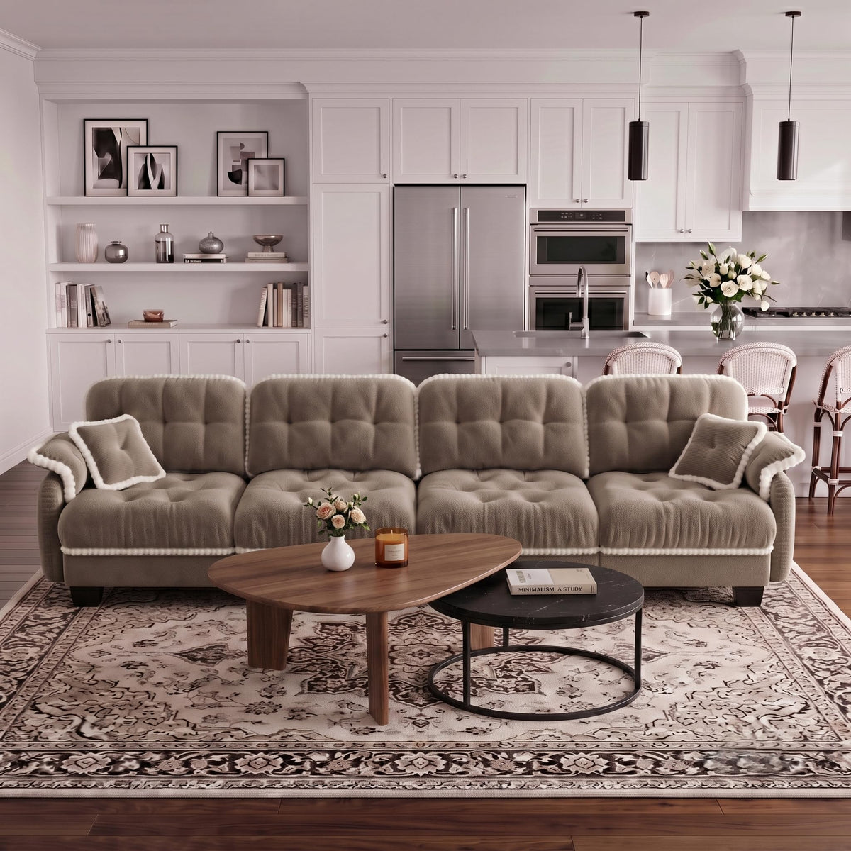 100.7" Chenille Cloud 3-Seater Sofa, Tufted Deep Seat Couch with Pom-Pom Trim & 4 Pillows, Ergonomic Easy Assembly Modular Sofa for Living Room & Apartment（Green ）