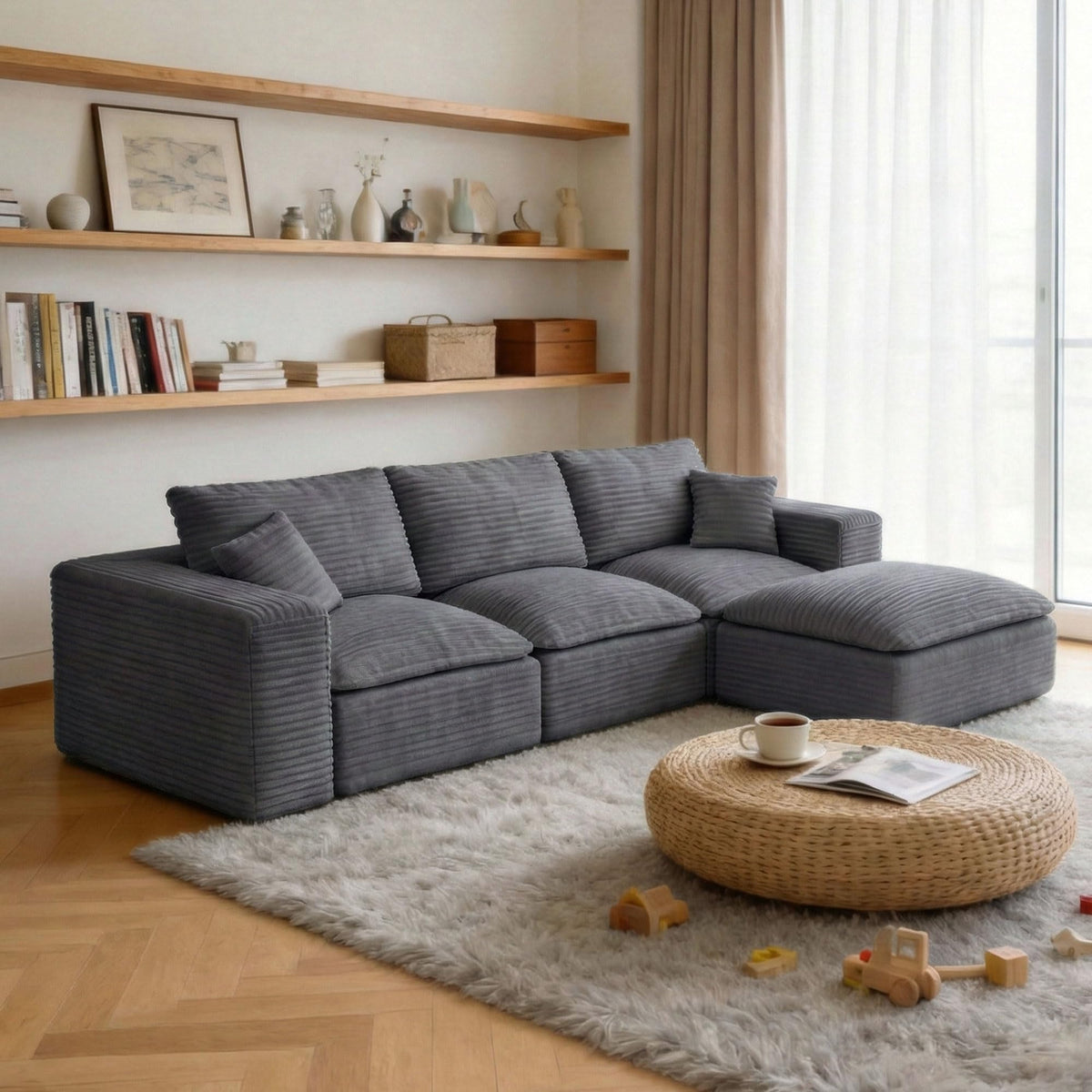 108" Cloud Sectional Sofa, L-Shape Modular Couch with Chaise & Ottoman, Corduroy Fabric, Oversized Deep Seat Sofa, Interchangeable Sections for Living Room or Offices