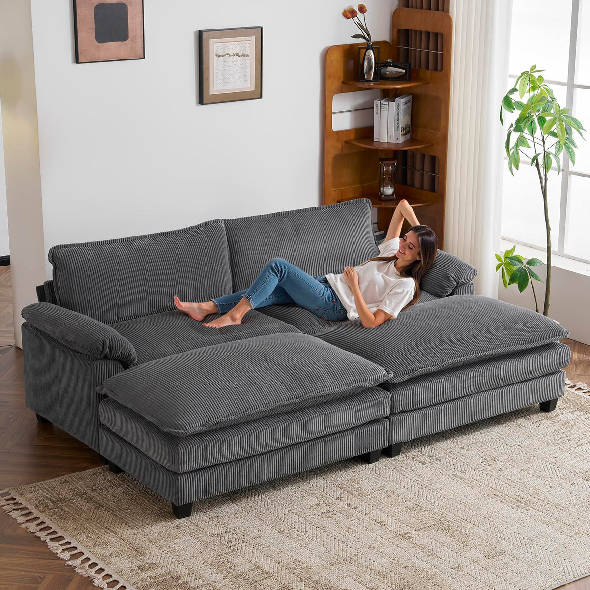 VINGLI Convertible Sectional Sofa with 2 Movable 2-Layer Ottoman Set, Comfy Cloud Sofa Bed with Deep Seat & Chaise, 2-Seater Modular Sleeper Couches, Loveseat for Living Room, Corduroy, Khaki