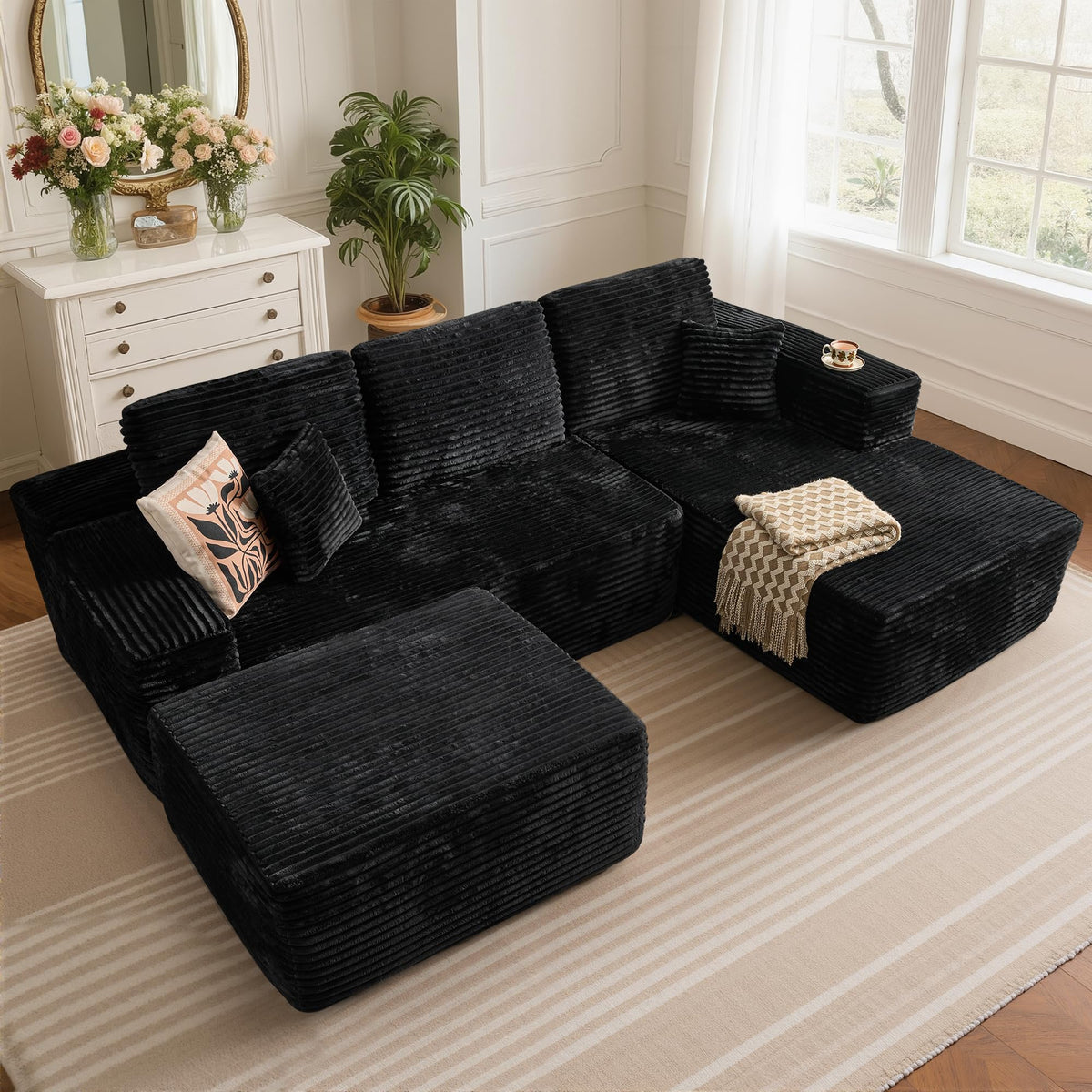 104" L-Shape Modular Sectional Sofa Couch,Comfy Upholstered Cloud Couch for Living Room,Modern Minimalist Couches,Deep Seat,No Assembly Required (Black,Plush Corduroy, Right Facing Chaise w/Ottoman)
